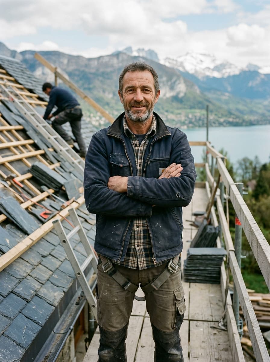Julien Vasseur, couvreur-zingueur, devant un chantier de toiture à Seynod