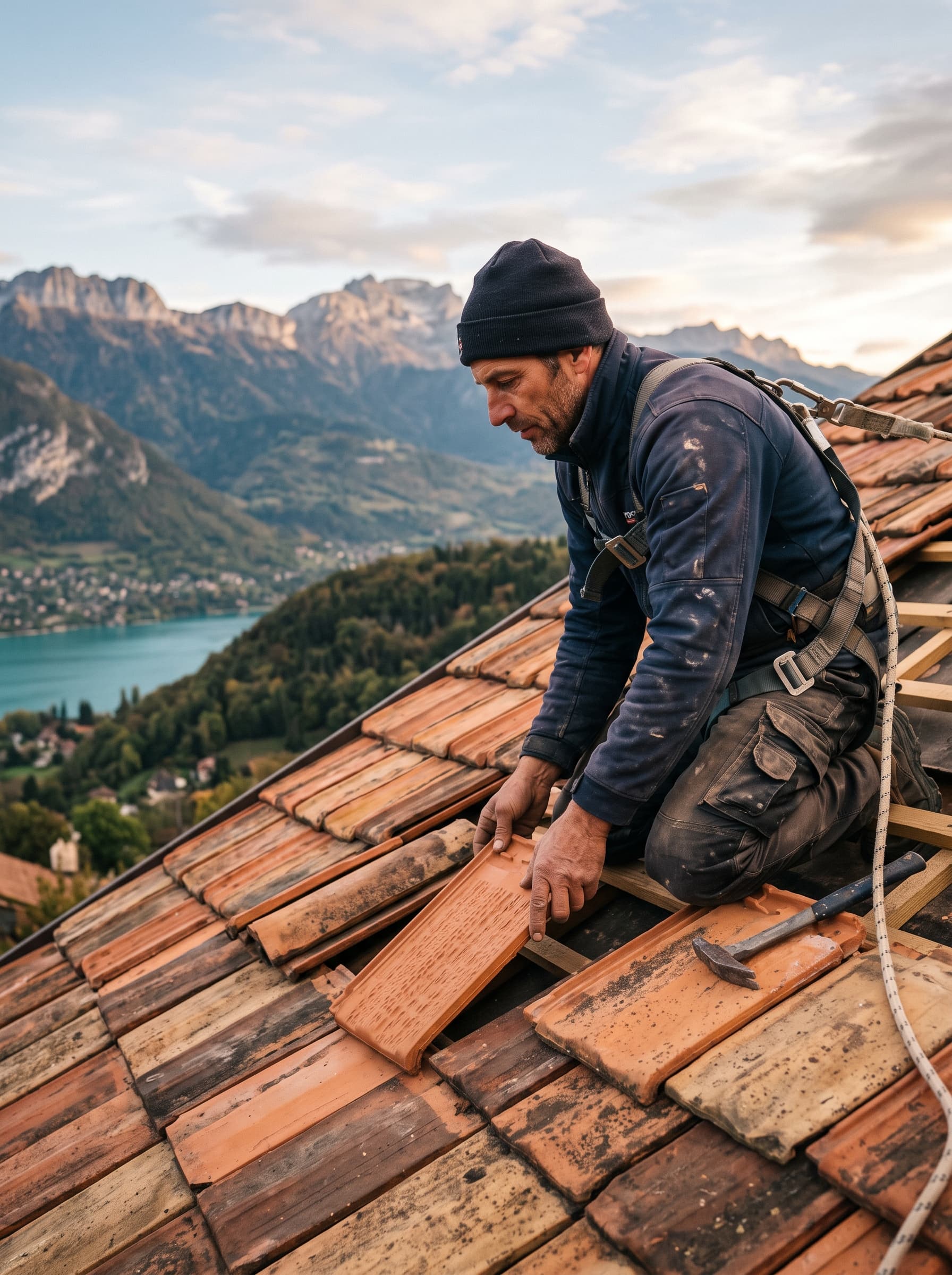 Couvreur de l'équipe Vasseur au travail sur un toit en tuiles à Annecy, lac d'Annecy en arrière-plan