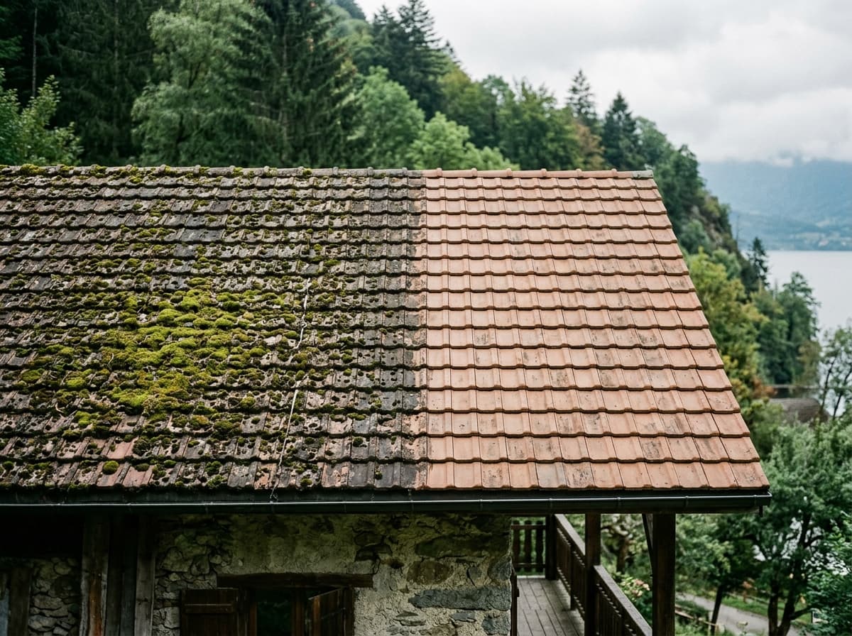 Démoussage d'une toiture couverte de mousse sur un versant nord près du lac d'Annecy