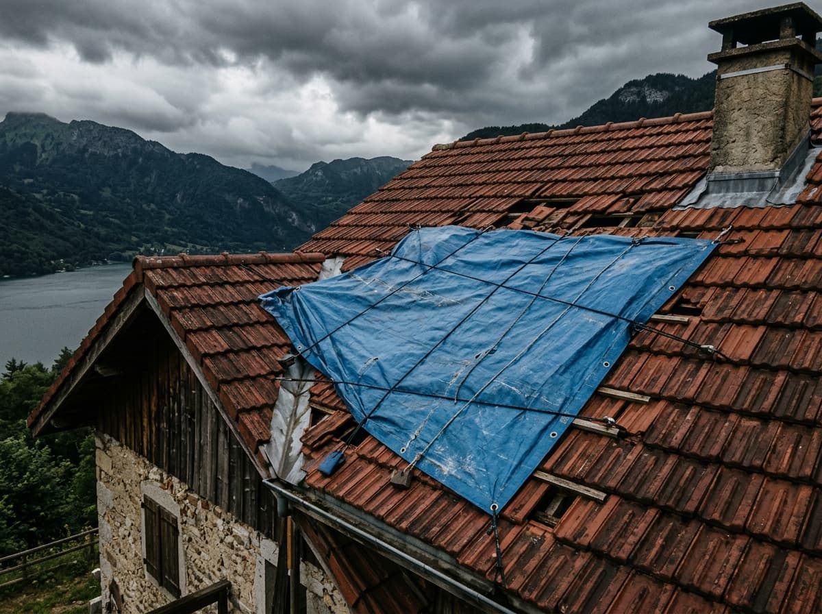 Bâche de protection posée en urgence sur une toiture après une fuite à Annecy