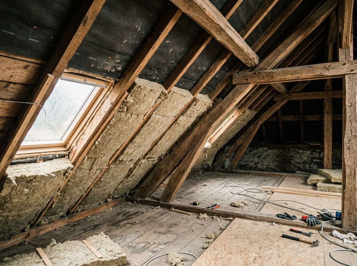 Isolation de combles perdus sous la toiture d'une maison en Haute-Savoie