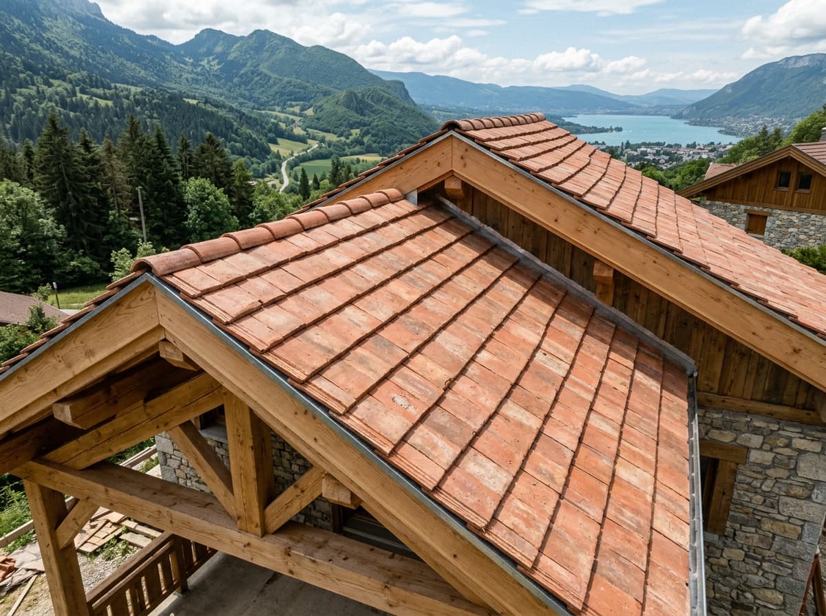 Réfection d'une toiture en tuiles sur une maison près d'Annecy, charpente apparente
