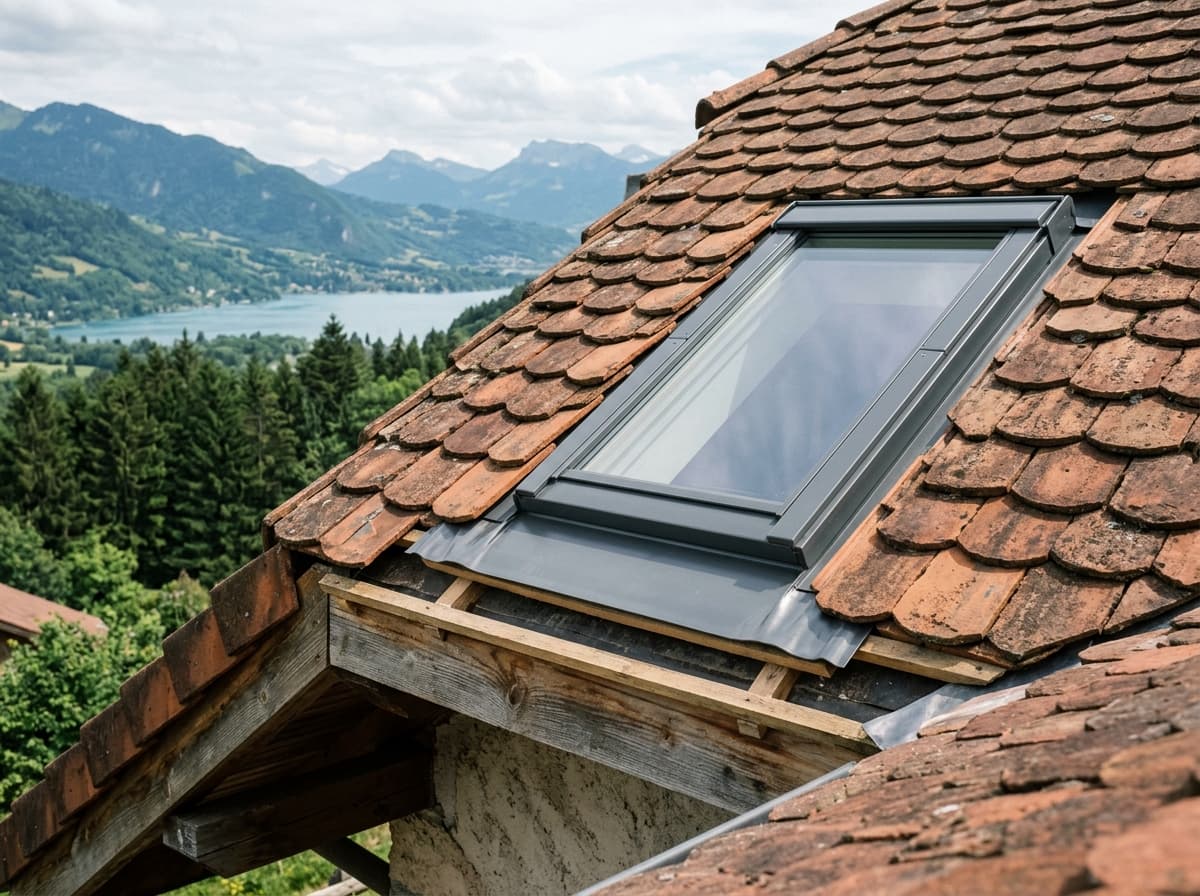 Fenêtre de toit Velux posée sur une couverture en tuiles près d'Annecy