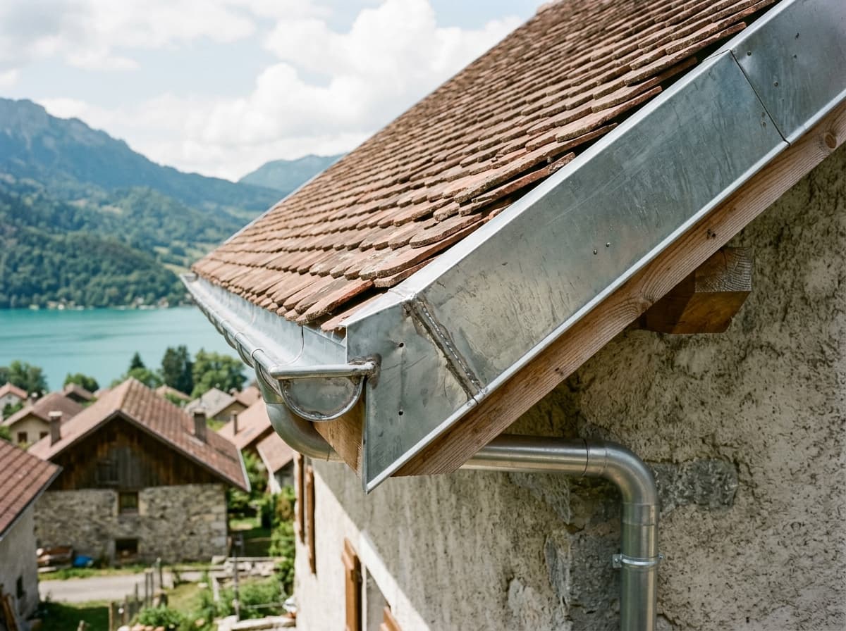 Gouttière en zinc neuve posée sur le rampant d'un toit en Haute-Savoie